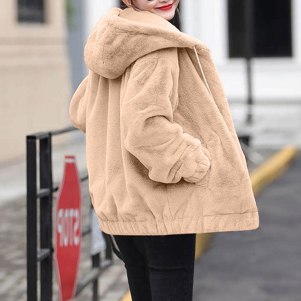 Plush Faux  Hooded Pocket Jacket For Women's Loose Plush Long Sleeved Women's Top