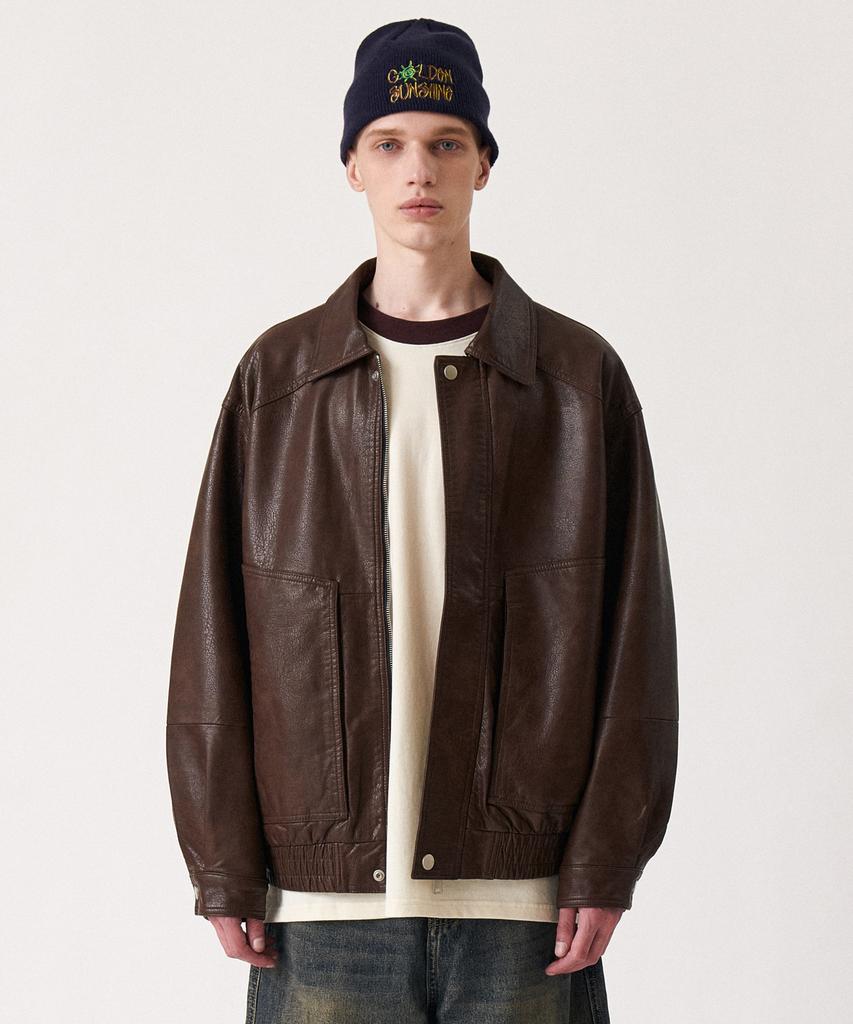 Golden Sunshine Vintage Leather Collar Bomber Jacket_Brown