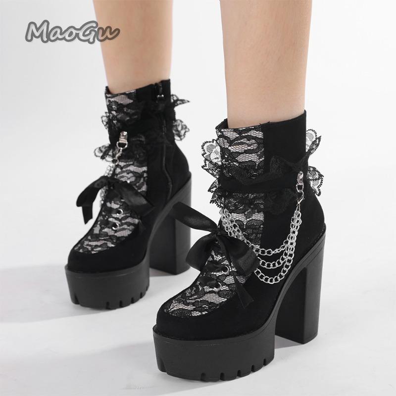 Fashion Gothic Vintage Chunky Heel Thick Bottom Short Boots Women Lace Chain 13CM High Heels Punk Ankle Boots for Women Botas Mujer