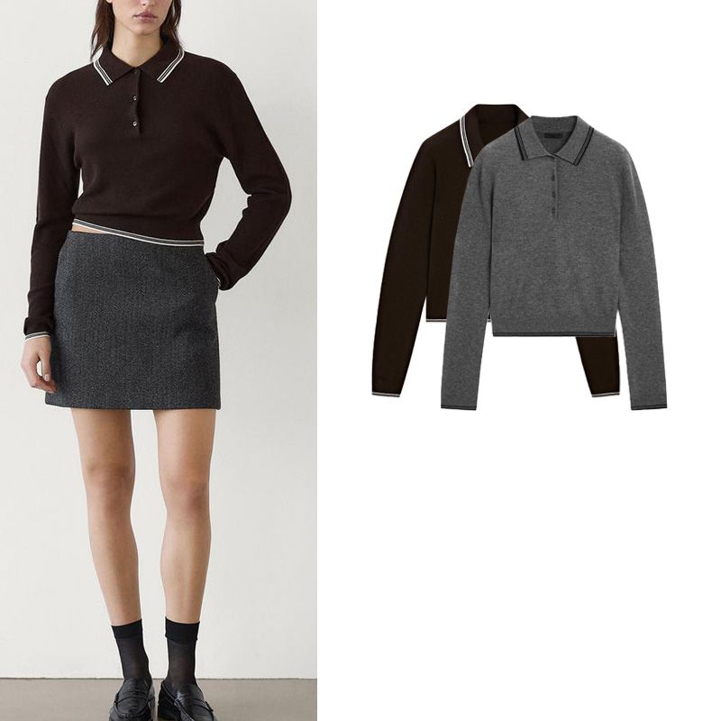 MD Fall and Winter New Women's Clothing French Preppy Style Short Stitching Polo Shirt Collar Long Sleeves Knitwear 5634609