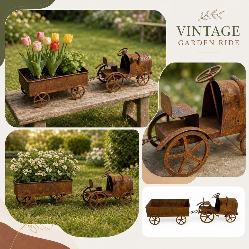 Rustic Tractor Planter Garden Decoration Outdoor Metal Flower Pot with Wagon Trailer for Patio Lawn Yard Display