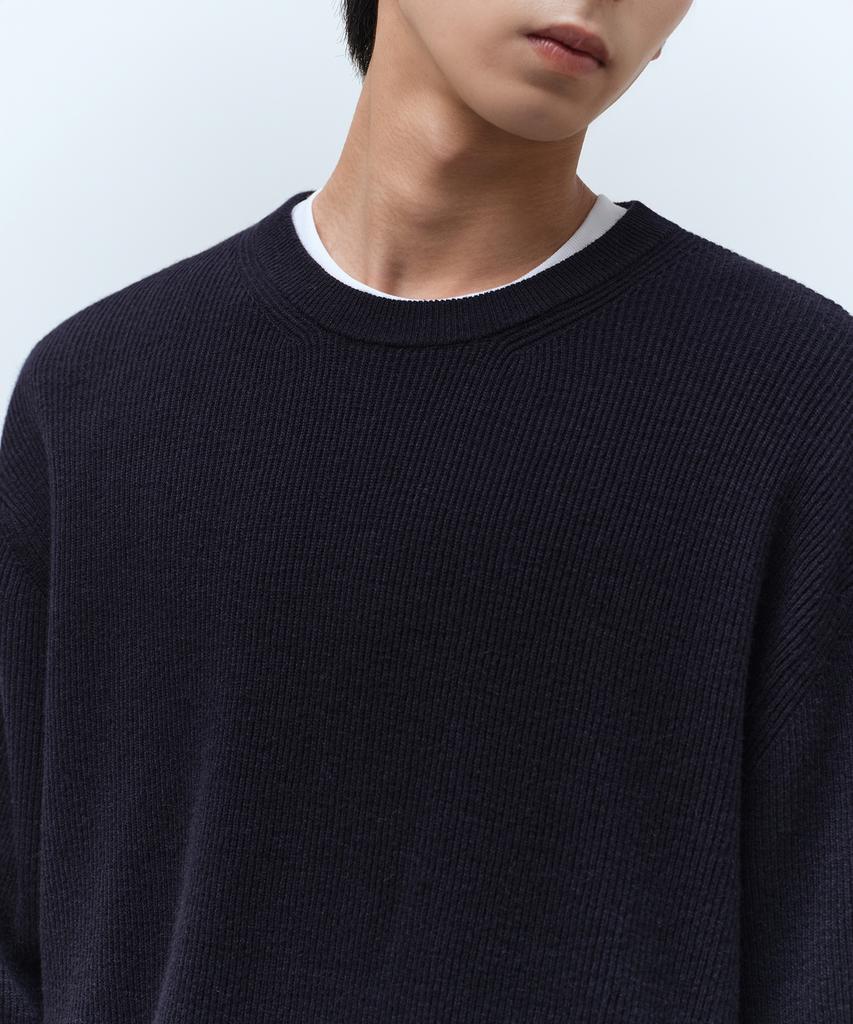 MUSINSA STANDARD [Victoria Wool] Minimal Ribbed Crew Neck Knit [Navy]