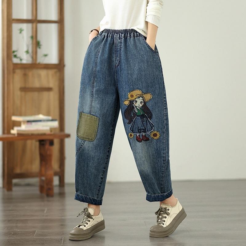 Plus Size Vintage Embroidery High Waist Casual Loose Women Spring Summer Autumn Jeans Denim Harem Pants