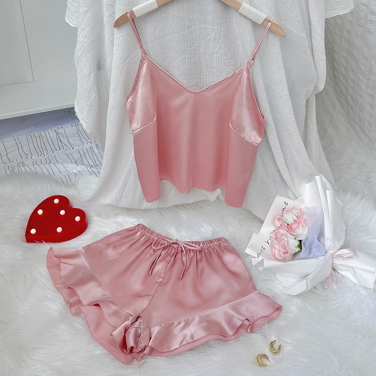 

Пижамы из ледяного шелка, женские подтяжки, топ, шорты, костюм, летняя тонкая сексуальная модная домашняя одежда, подтяжки M розовый