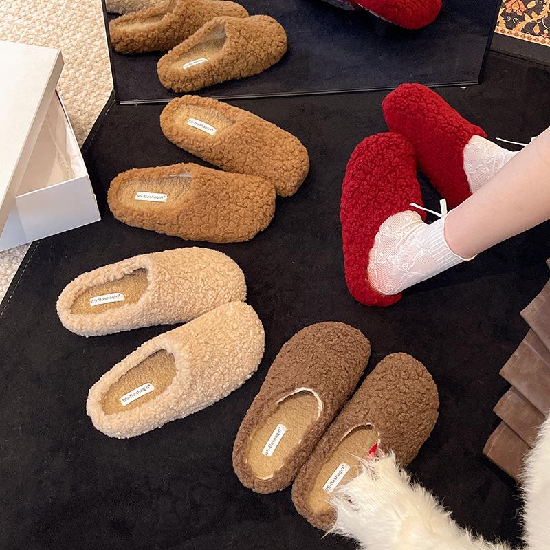 Mao Mao Slippers Women's Outer Wear 2025 New Winter Korean Version Flat-bottomed Lazy Muller Shoes with Fleece Bag Head Half-drag Cotton Mop