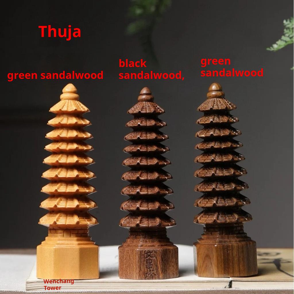 Wooden Figurines Tower Statue Wooden Tower Sculpture Home Living Room Decoration Ancient Architectural Style Figurine