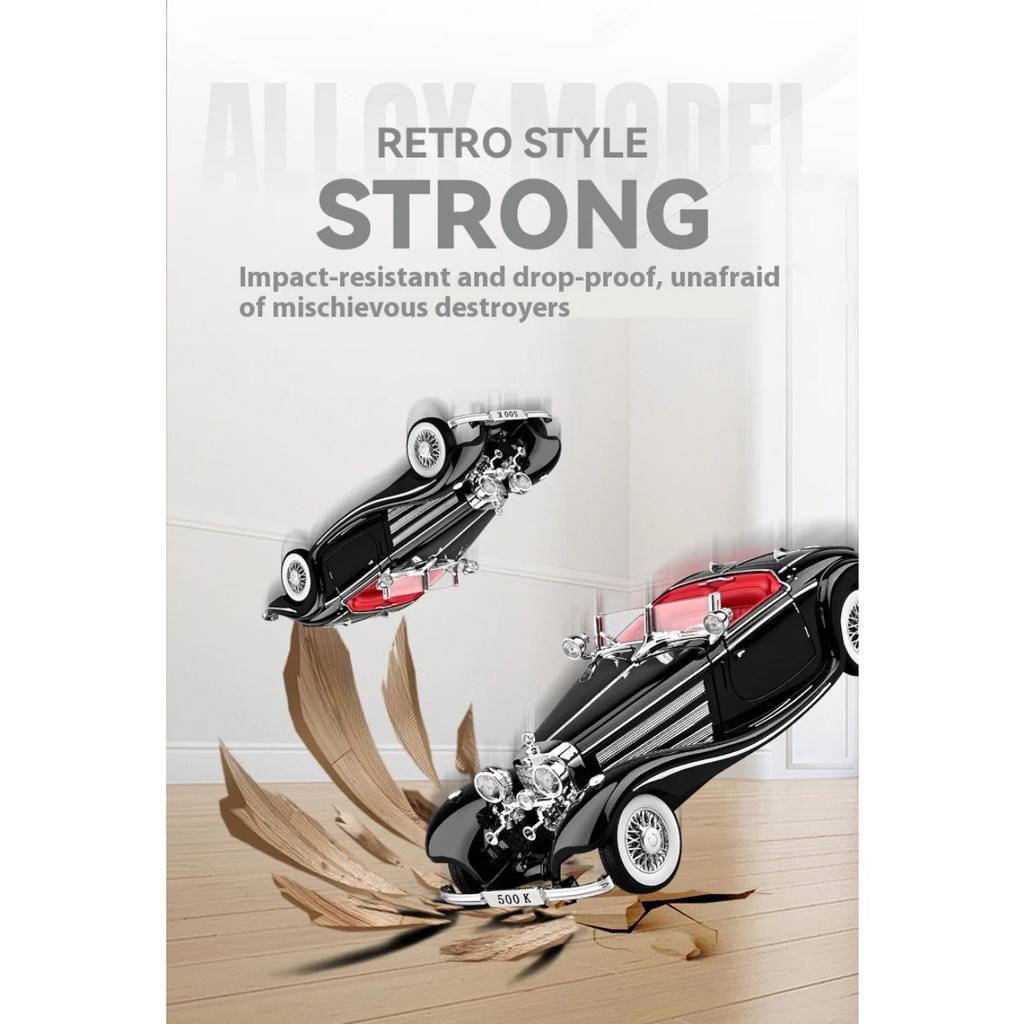 Large 1/18 Benz 500K Alloy Die Cast Classic Car Model Simulation Sound Light Retro Car Model Ornament Boy Gift Halloween Toys