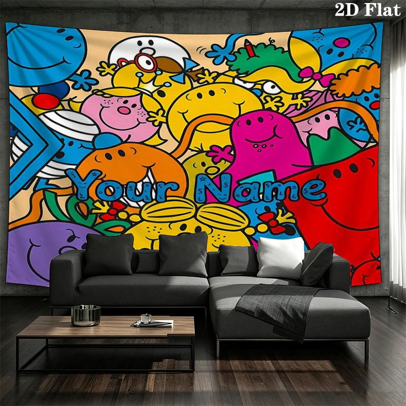 Mr Men Adventure Custom Name Wall Tapestry Aesthetic Wall Hanging Printed Fabric Blanket Decorative Tapestries For Bedroom Living Room Home Decor