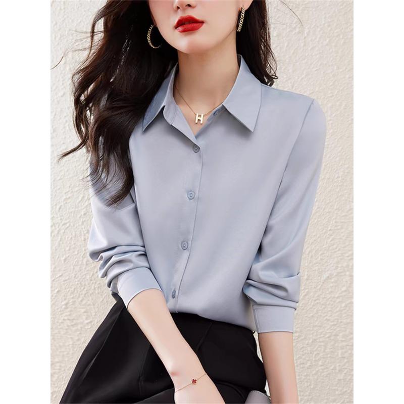 Women Satin Long Sleeve Solid Color Commute Professional Business Button Down Shirt S