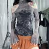 Y2K Sexy Spitze Mesh Durchsichtig T-Shirts Goth Grafikdruck Langarm Strick Patchwork Oberteile Vintage Damen Sommer Streetwear