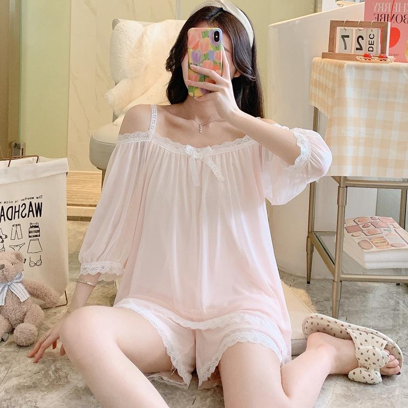 Summer Pajamas Women's Suspenders Short-sleeved Mesh Court Style Princess Lace Loungewear Can Be Worn Outside Real Shots