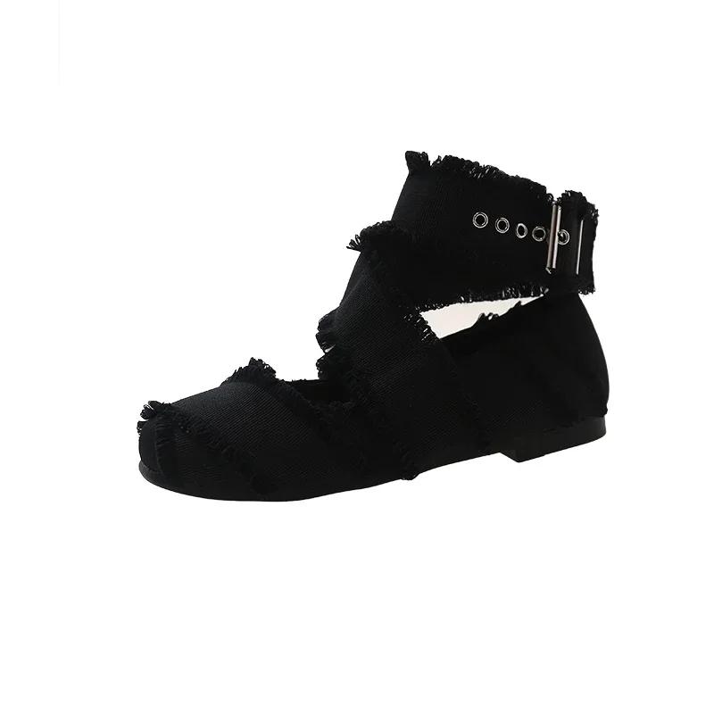 Women's Mary Jane Shoes Canvas Flat Sole Square Toe Women Shoes Dress Ballet Belt Buckle Roman Retro Novelty Zapatillas De Mujer