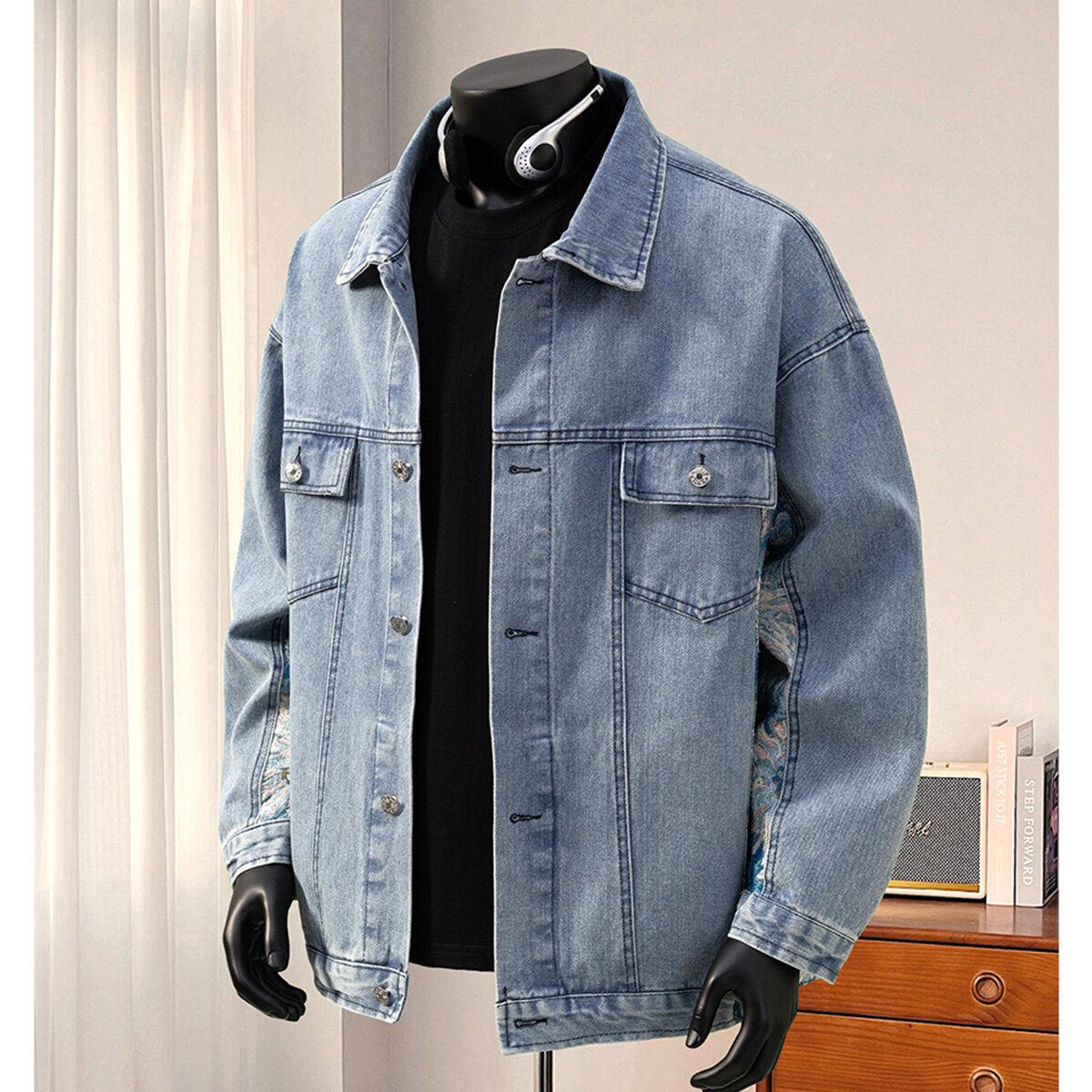 

2026 Autumn Men Vintage Denim Jackets Fashion Men Printed Jacket Men Square Collar Plaid Jacket Male Hip Hop Harajuku Outwear M синий