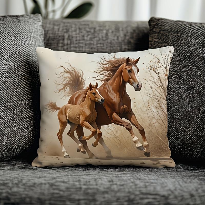 Federa per Cuscino Quadrata Stampa Cavallo Marrone Maestoso e Pony che Corrono Morbido Poliestere Lavabile in Lavatrice Copricuscino per Casa Ufficio Divano B