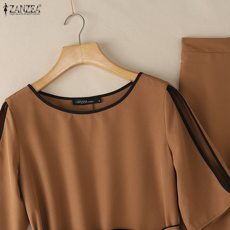 ZANZEA Women Hollow Half Sleeve Blouse and Wide Leg Pants Casual Two Piece Suit Sets