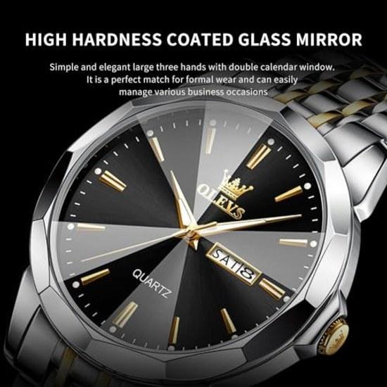 OLEVS mens watch diamond business dress analog quartz stainless steel waterproof luminous date two-tone luxury casual black One Piece
