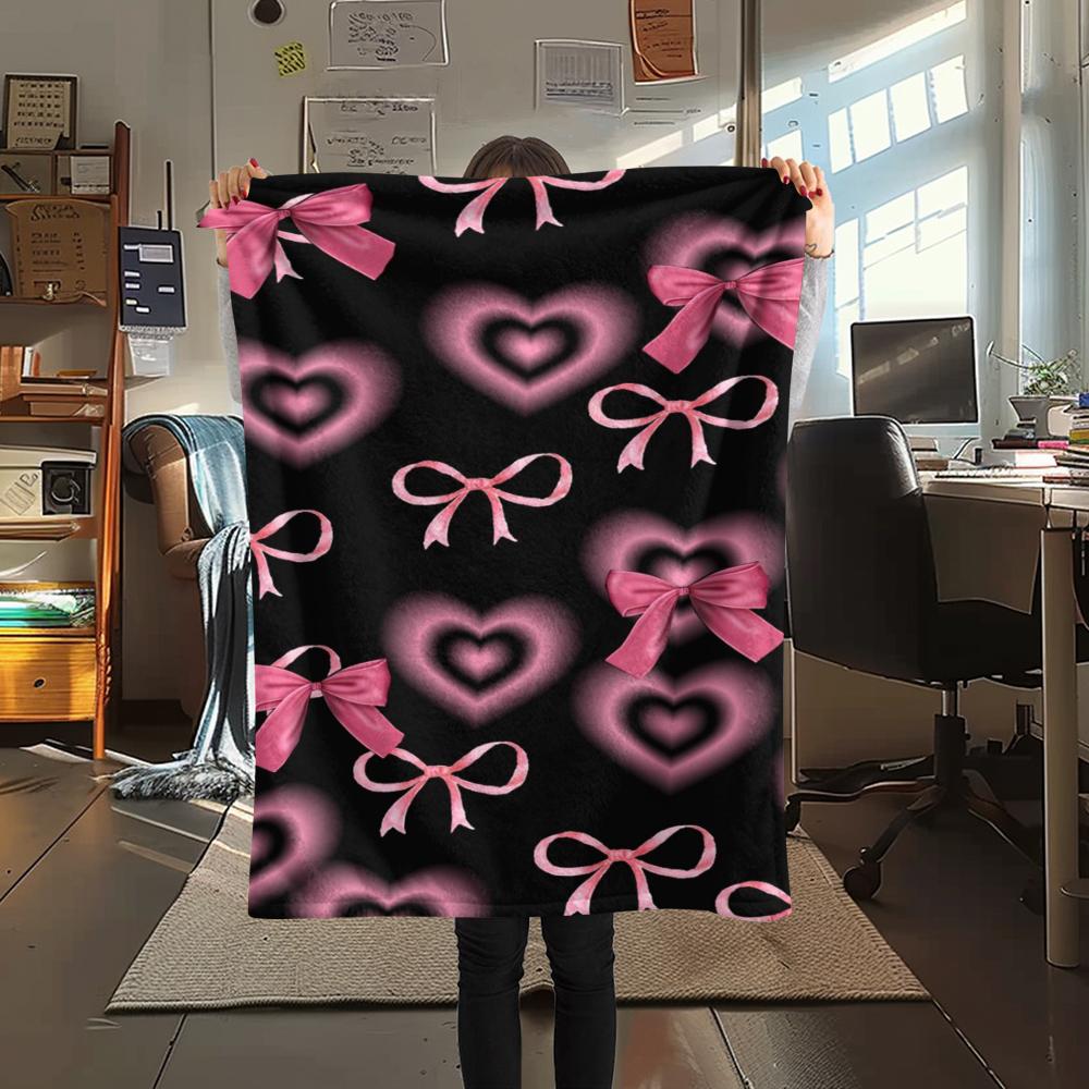 1Pc Pink Bow Butterfly Print Flannel Blanket, High Quality Comfortable for All Seasons, Home Decor, Warmth and Comfort, Perfect for Gifts