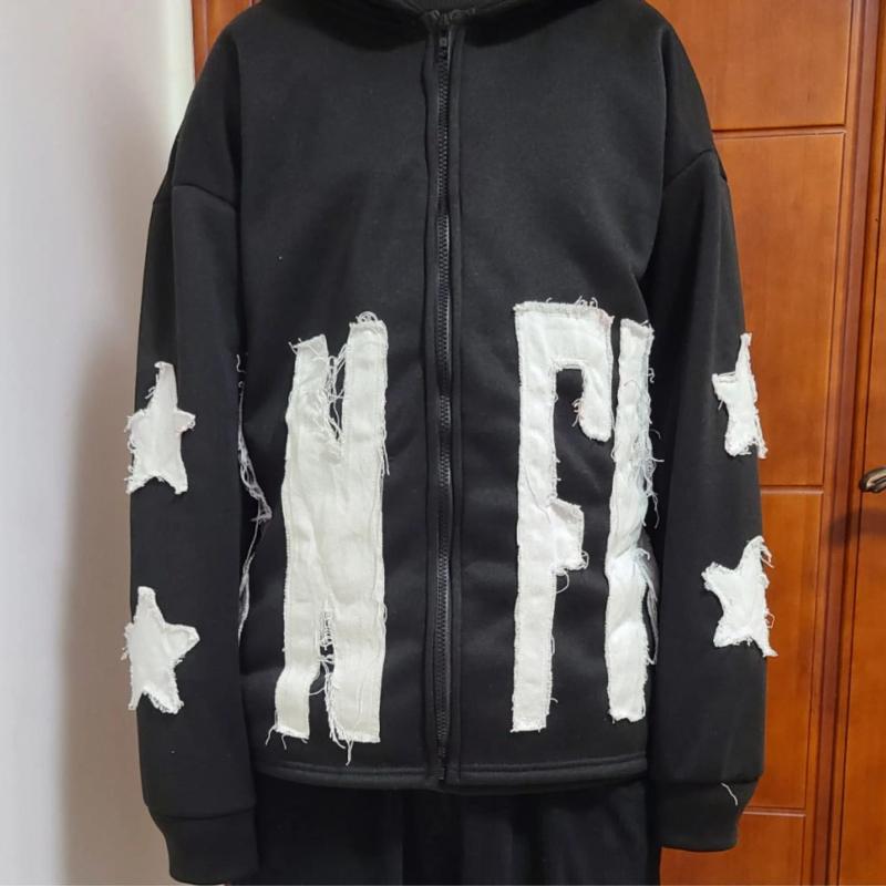 Street Star Pattern Patchwork Letter Long Sleeved Loose Hoodie