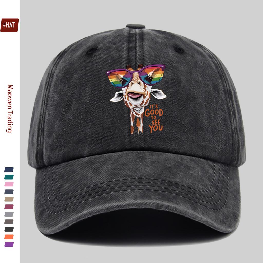 Pc Giraffe Print Baseball Cap with Glasses Home Leisure Heart Decor Papa Hat Truck Driver Sun Hat Washable Adjustable Headwe