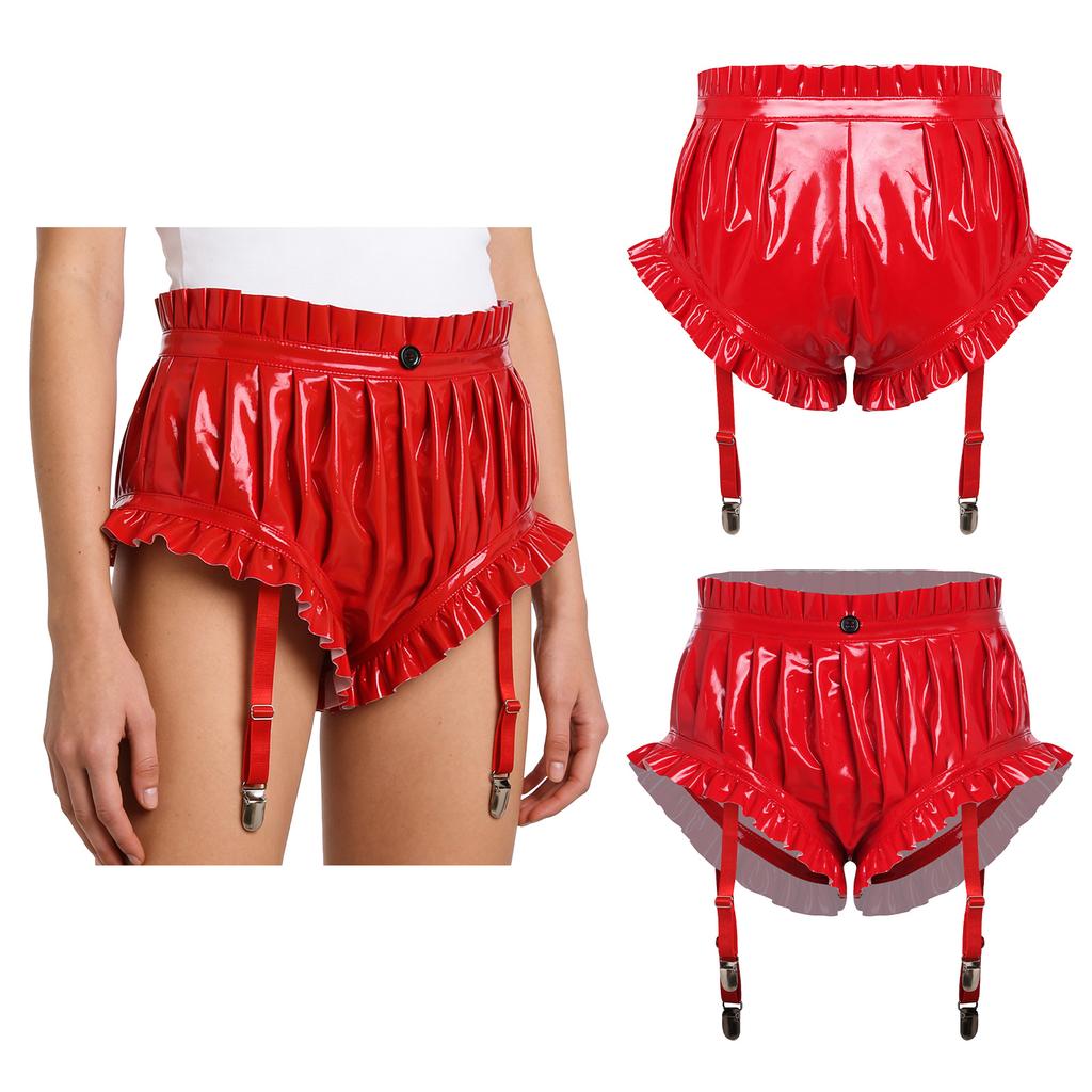 Women's Wet Look PU Leather Briefs S-3XL: Ruffled Trim Ruched Bloomer Shorts with Garter Clips Glossy Nightwear for Nightclub Rave Party