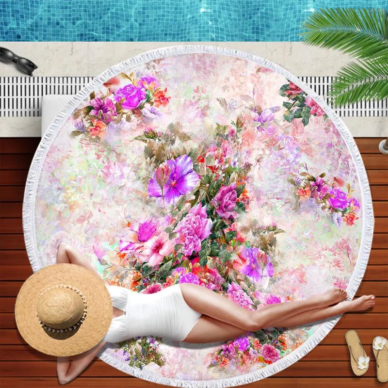 Large Round Colorful Flower Printed Beach Towel Diameter 3D Print Microfiber Blanket With Tassel Fringe Yoga Mat For Adult