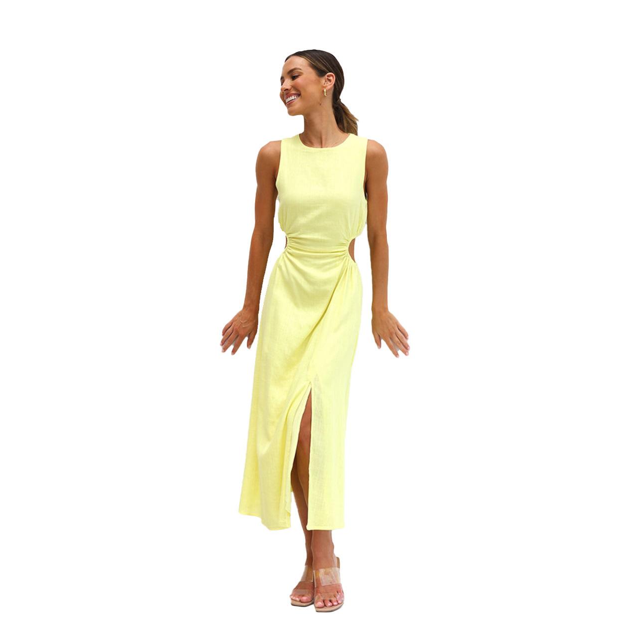 

Женское весеннее однотонное облегающее платье без рукавов с круглым вырезом, летнее повседневное длинное платье А-силуэта с высокой талией и разрезом, размеры S-XL L жёлтый