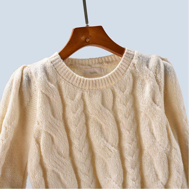Spring Autumn Short Knitted Sweater Cable-Knit Pullover Puff Sleeves Stylish High Waist Bottoming Shirt Outwear Women