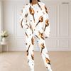 Women Plus Size White Halloween Printed Round Neck Long Sleeve Two Piece Set With Side Pockets