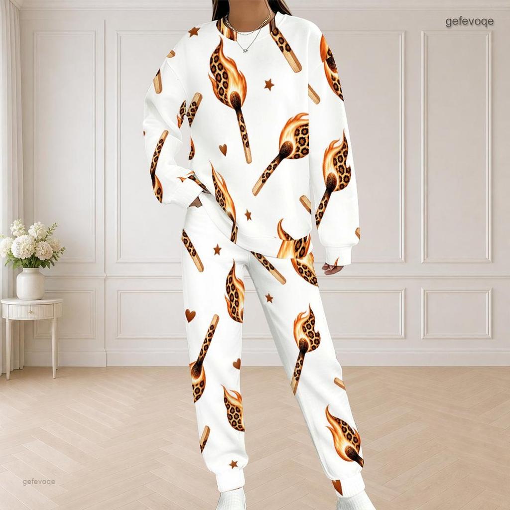 Women Plus Size White Halloween Printed Round Neck Long Sleeve Two Piece Set With Side Pockets