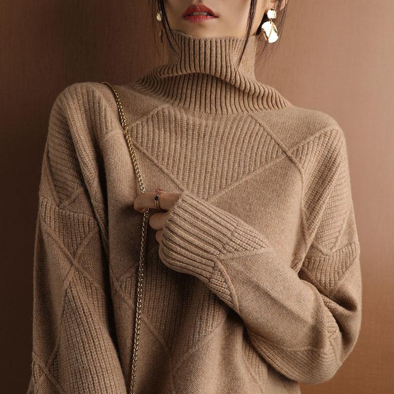 

Personalized High Neck Sweater, Women s Loose Diamond Lazy Style Knitted Sweater, Autumn and Winter Long Sleeved Outerwear 3XL кавовий