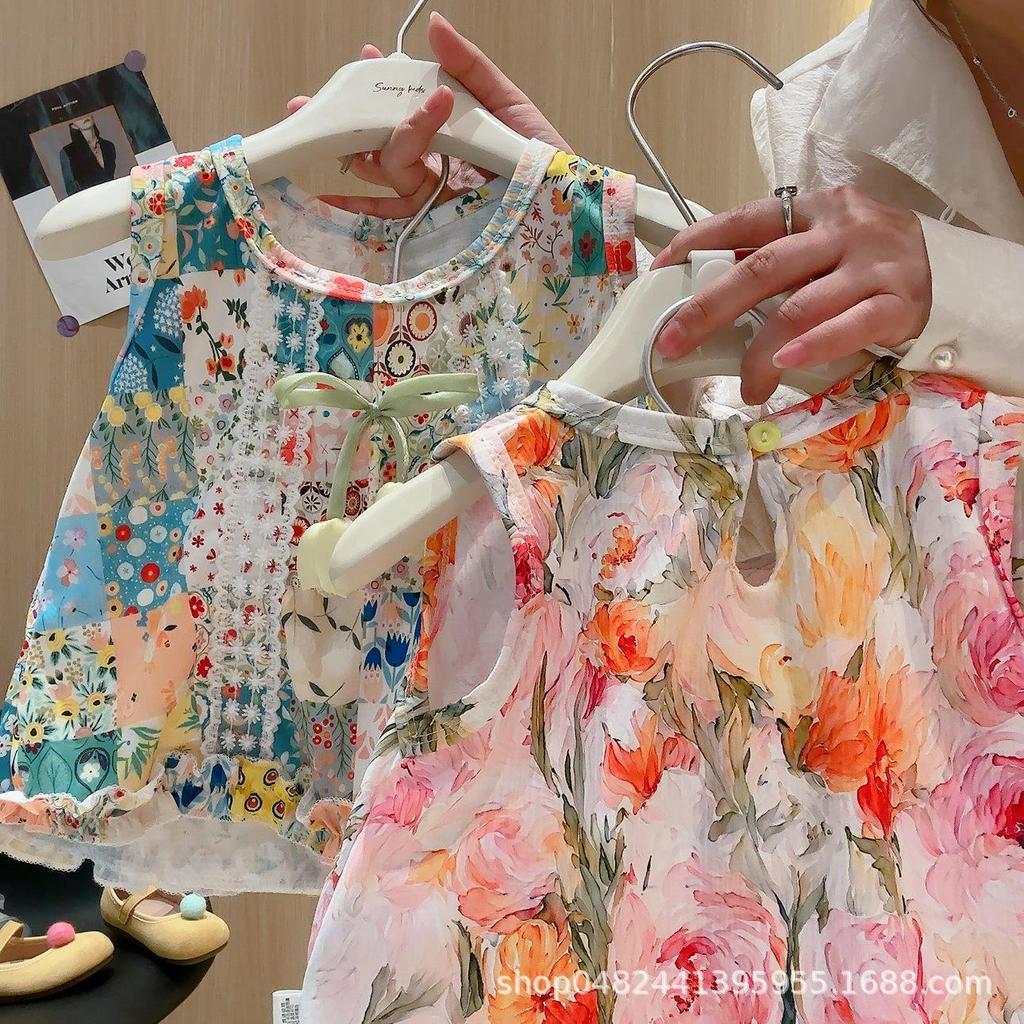 Zweiteiliges Set für Mädchen mit Blumenmuster: Monet Gartenweste & Weitbeinige Hose
