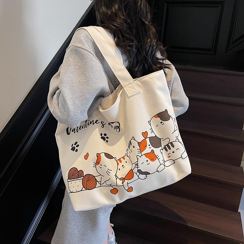 Cute Cartoon Canvas Bag Women's New Casual Large-capacity Versatile Shoulder Bag Commuter Tote Bag