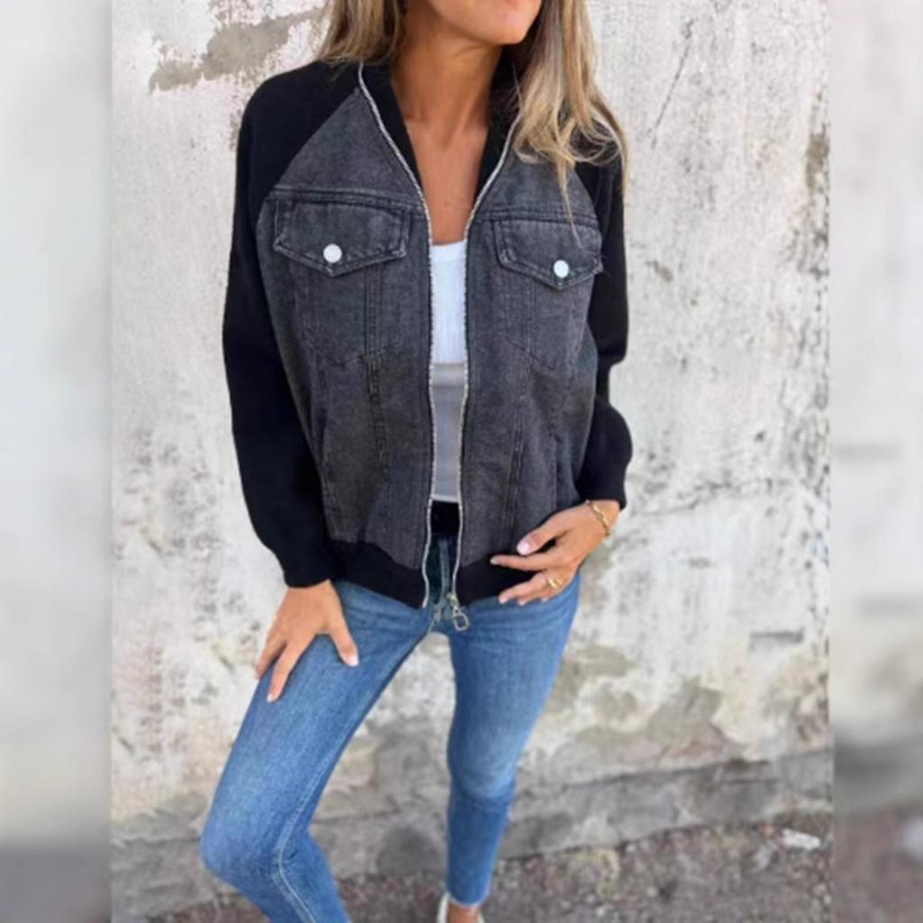 Denim Patchwork Knit Cardigan with Zipper Closure, Multiple Color Options