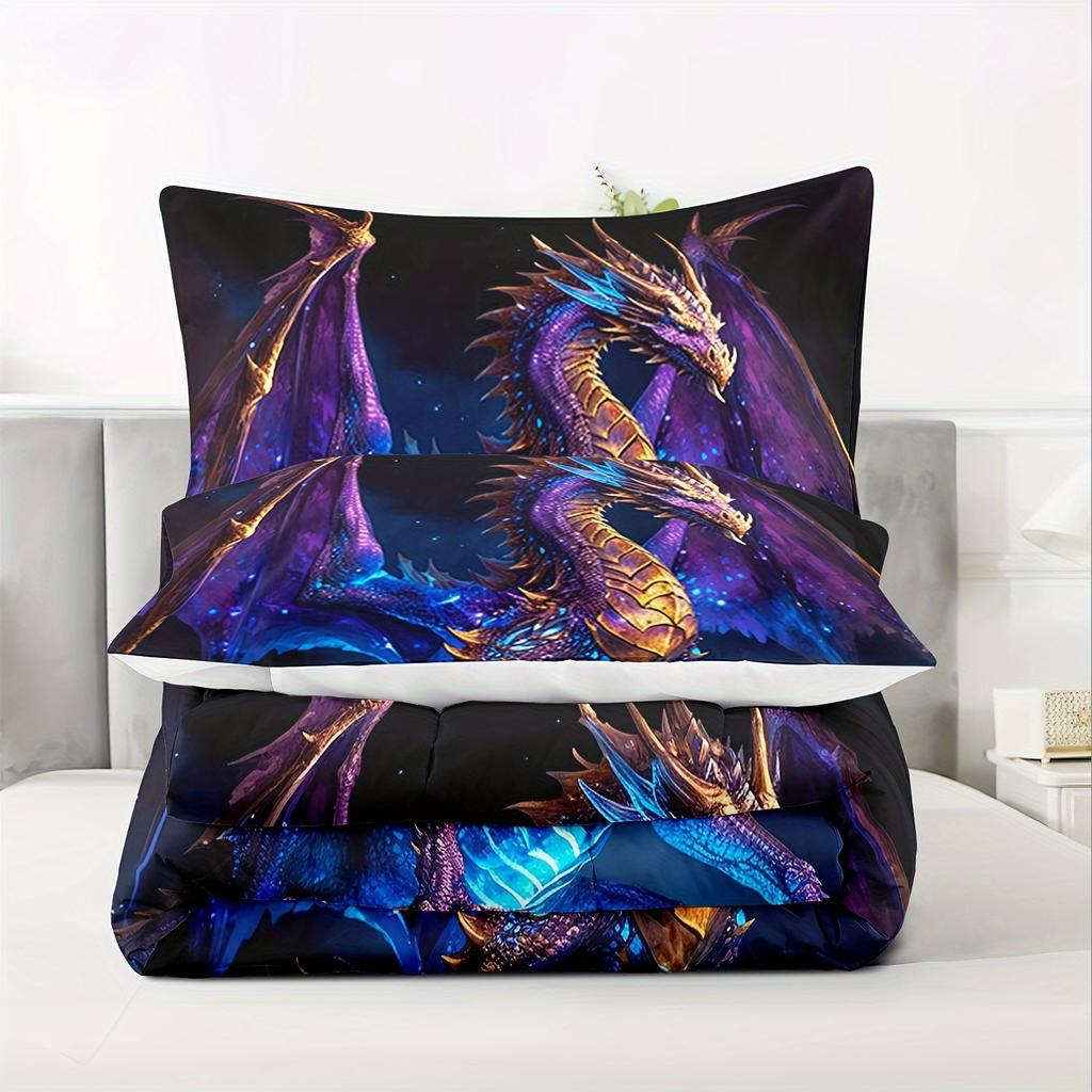3pcs, Soft And Comfortable Dragon Comforter Set, Ancient Wild Animal Dragon Pattern Bedding Set, Dragon Bedding Set, 3D  Cartoon