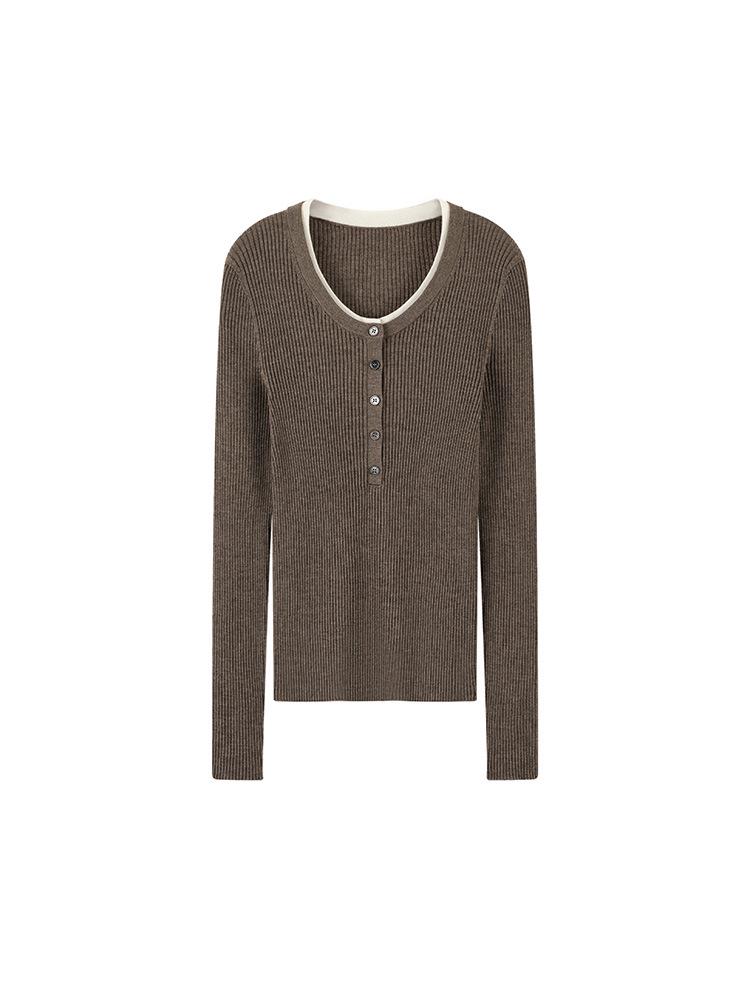 Elegant 60s Count Wool Round Neck Slimming Sweater - Women's Spring/Autumn Style, Faux Two-Piece Design
