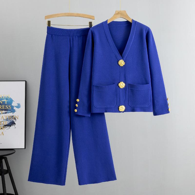 European Style Women's Autumn/Winter Knit Cardigan & Wide-Leg Pants Set