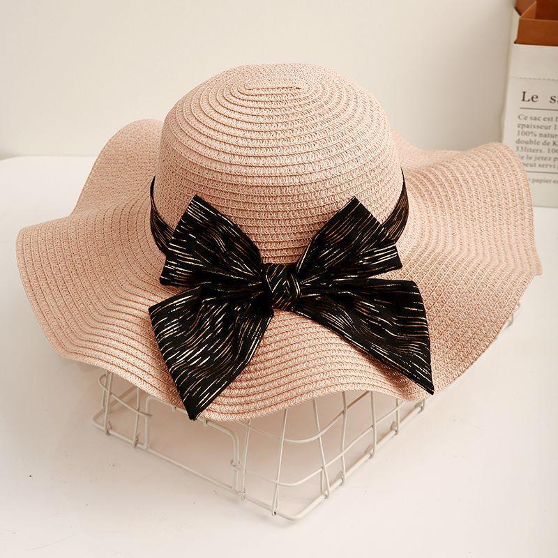 Sweet bow sunscreen beach hat women's spring and summer straw woven wave hat outdoor outing big eaves bucket hat