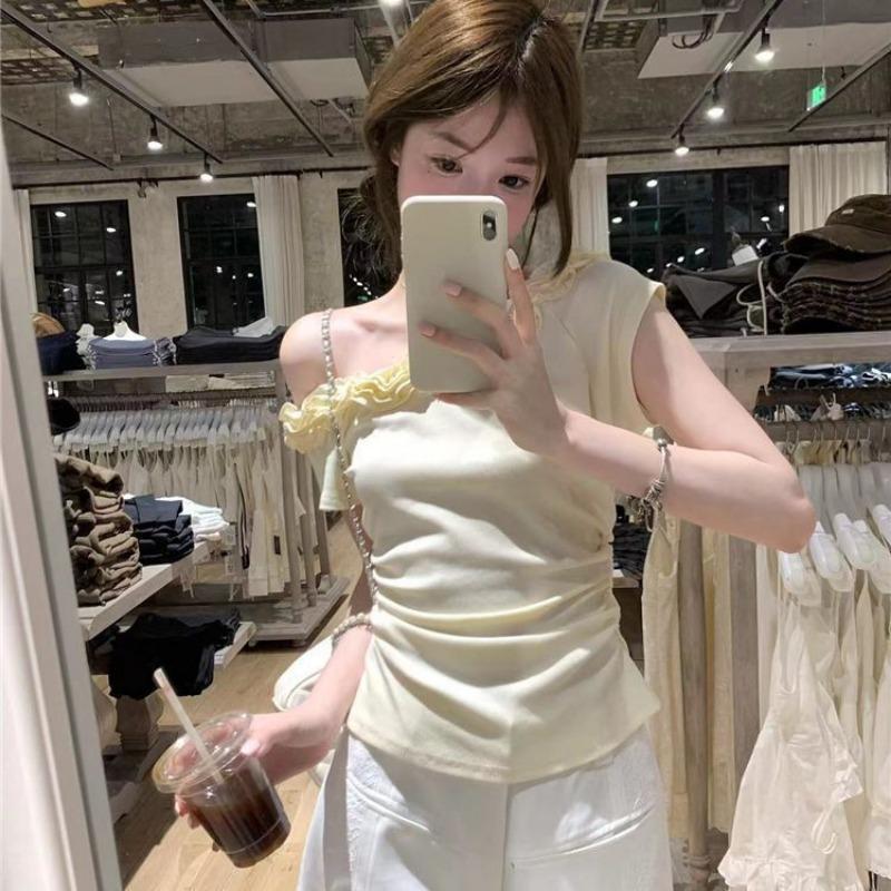 Women Off Shoulder Ruffled Trim Fitted Short Sleeve Top XS жёлтый