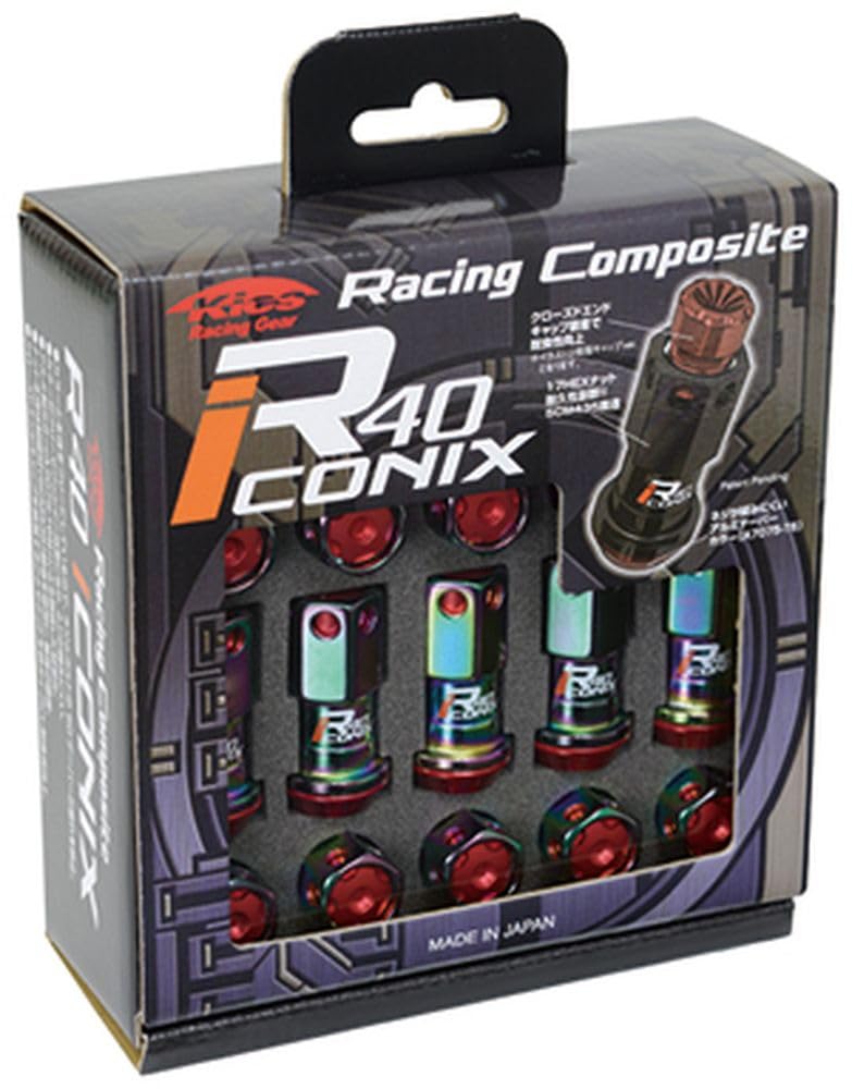 Racing Composite R40 iCONIX Wheel Lock M12 x with Aluminum KYO-EI (Kyoei Industry) Nuts, P1.5, Caps, Neo-Black/Black, RIA-01NK