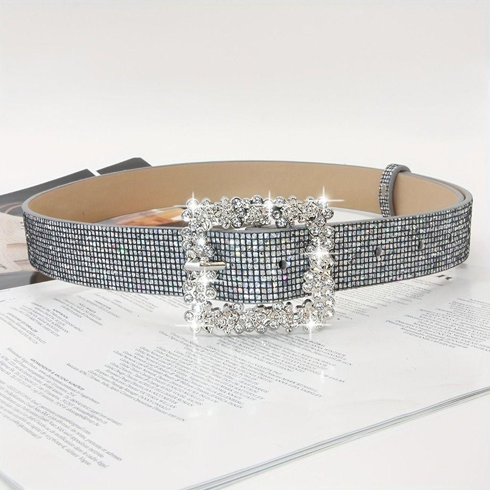 Vintage Bling Bling Sparkling Rhinestone Belt Glitter Luxury Brand Design PU Leather Belt Versatile Trendy Waistband Women