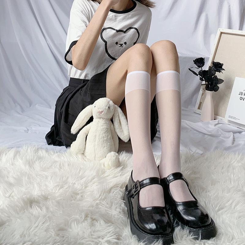 Comancon Liangai Women's Transparent Knee-High Summer Socks, Japanese Style Trendy Mid-Calf White Stockings