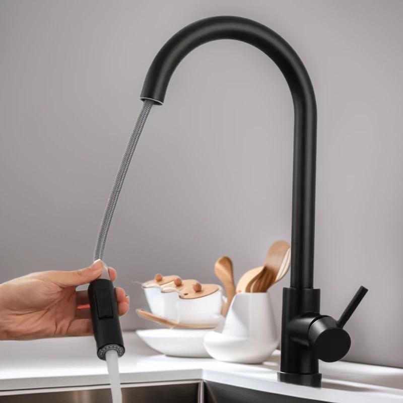 Cross Stainless Steel Black Pull-Out Kitchen Faucet, Rotating Telescopic Design, for Hot and Cold Water