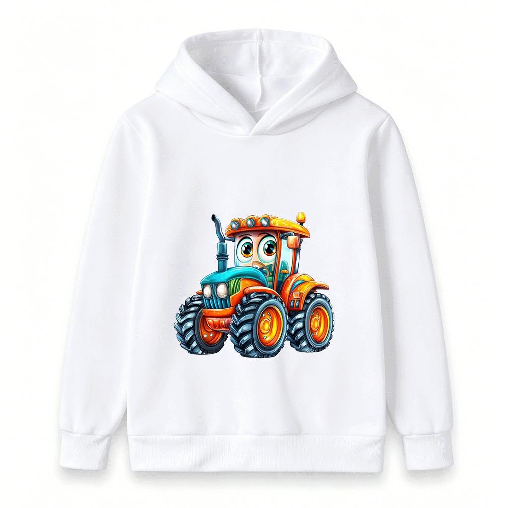 Kids Cartoon Tractor Print Hoodie Boys Girls Casual Long Sleeve Pullover Sweatshirt Cute Vehicle Pattern Children Top Coat