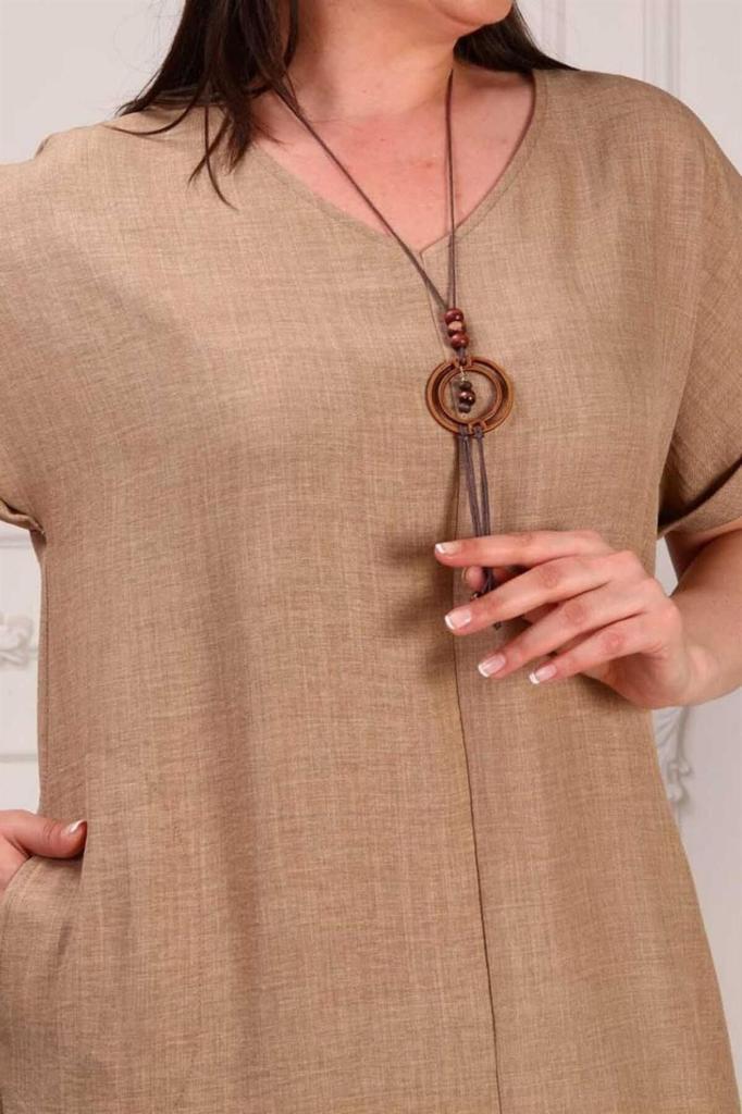 Damen Übergröße Kleid Halskette Plus Size Leinen Ayrobin Kleid Schwarz