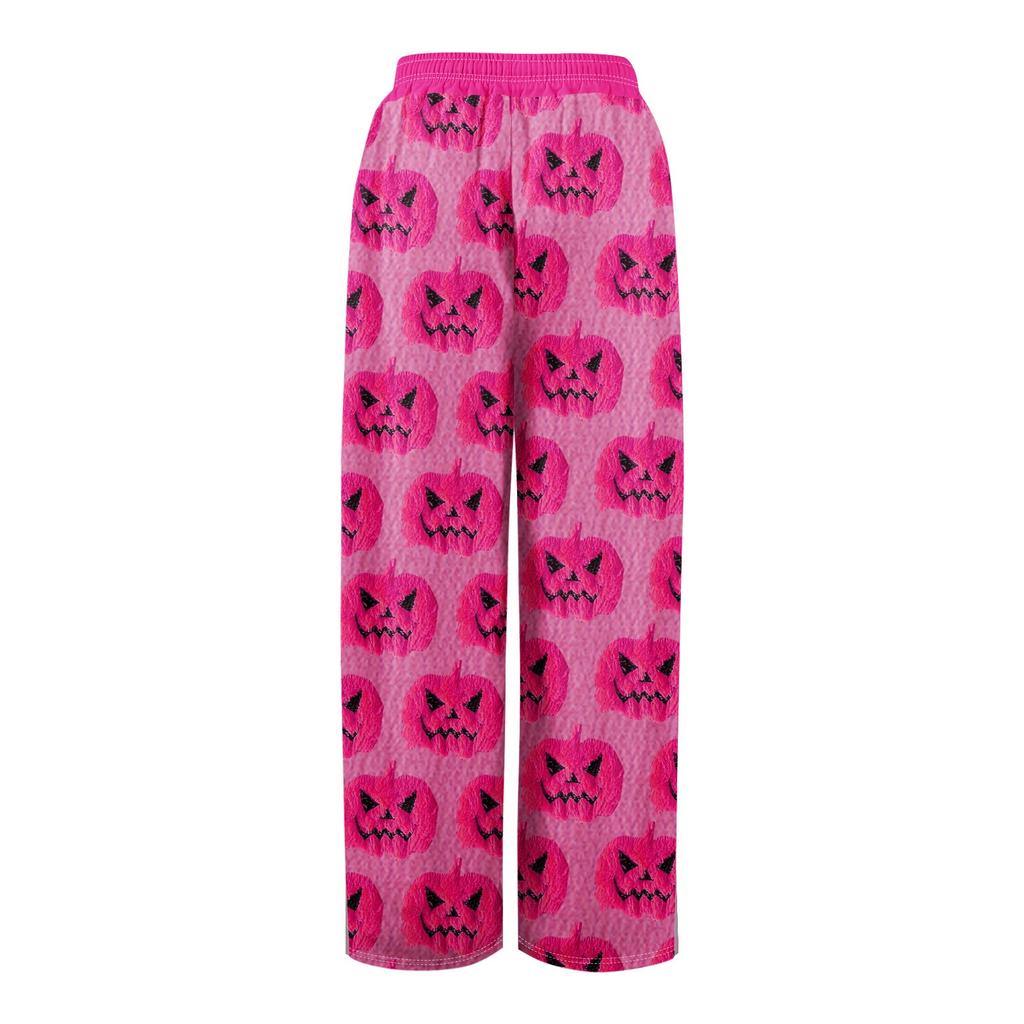 Women Summer Boho Palazzo Pants High Waist Wide Leg Halloween Printing Casual Trousers With Pockets