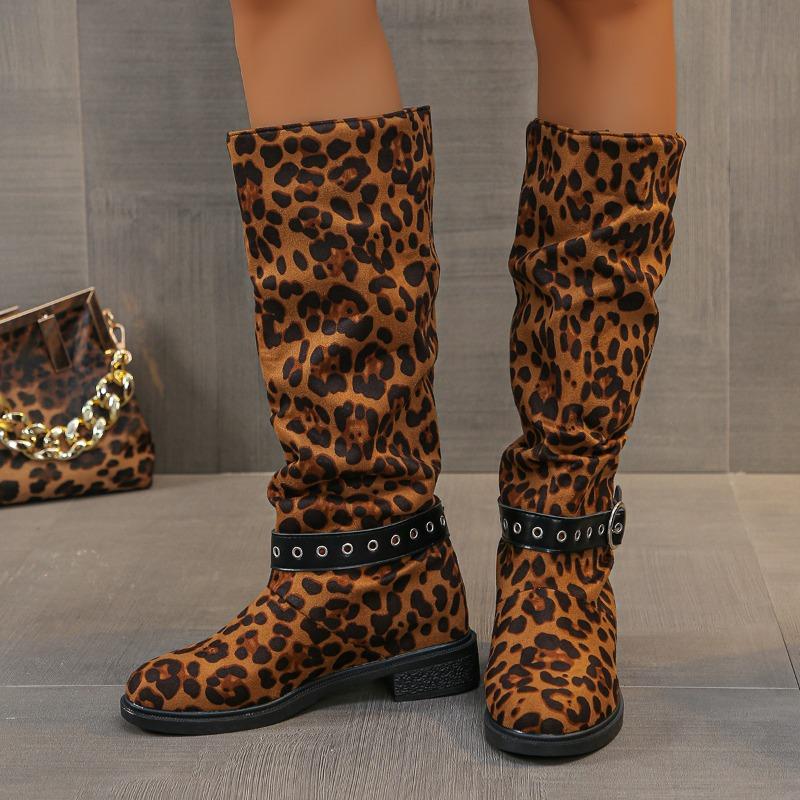 Fashion 2025 New Designer Leopard Women Knee High Boots Sexy High Heels Shoes Chunky Pumps Winter Trend Casual Goth Chelsea Botas Mujer