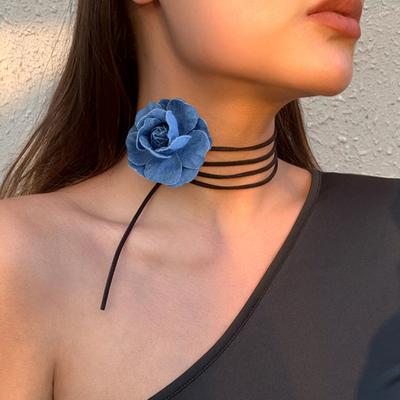 Yousheng 2 Stück Damen Blau Denim Blume Choker Künstliche Kamelienblume Schnürhalskette Lang Wickel Krawatte Halsaccessoires für für Braut Hochzeitsparty