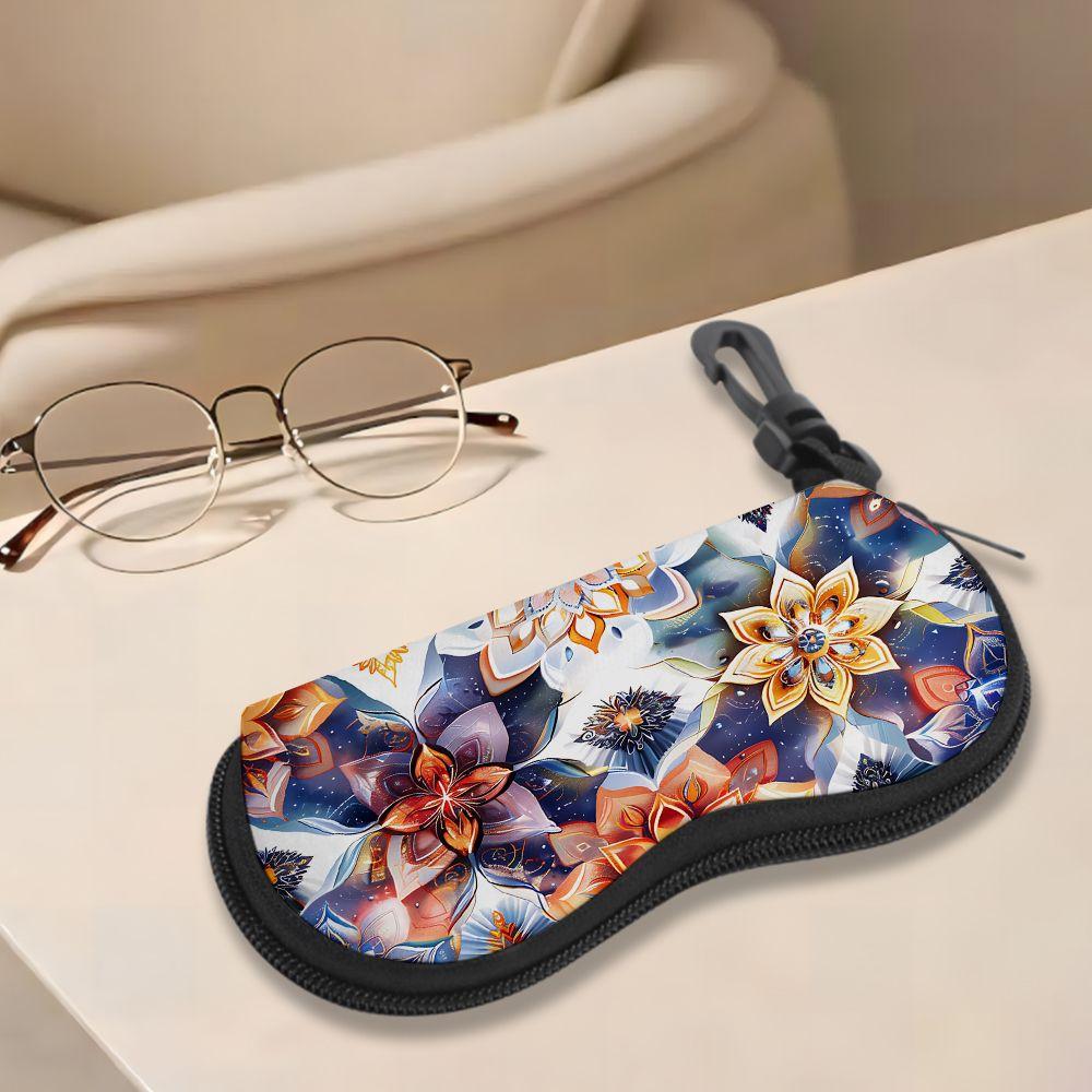 2D-Boho Floral Pattern Zipper Sunglasses Case, Decorative Mandala Print Eyewear Protective Holder, Vintage Flower Design Glasses Organizer for Travel