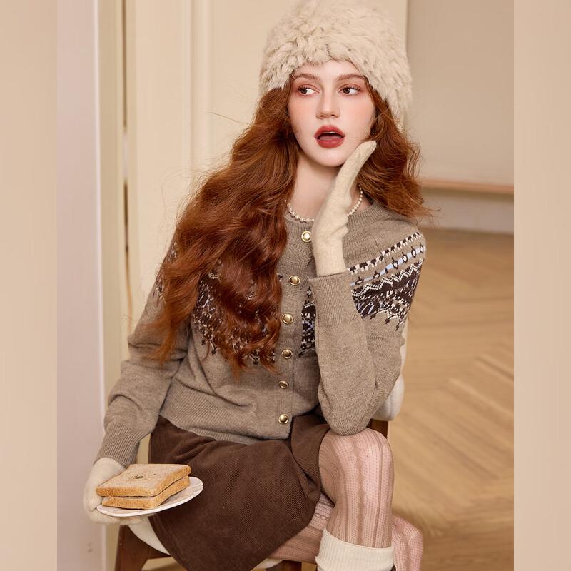 Bailuyu Women's French Retro Jacquard Knit Cardigan