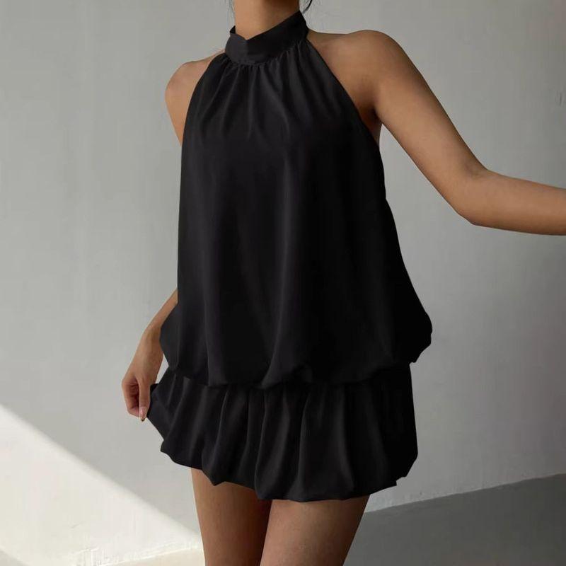 

2026 New Foreign Trade Dress Summer Solid Color Sleeveless Backless Sexy Beach Vacation Style French Dress Black XS
